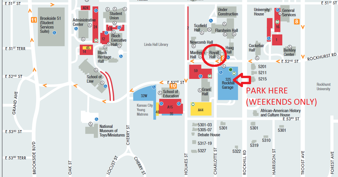 Map of Royall Hall and parking on UMKC Volker Campus